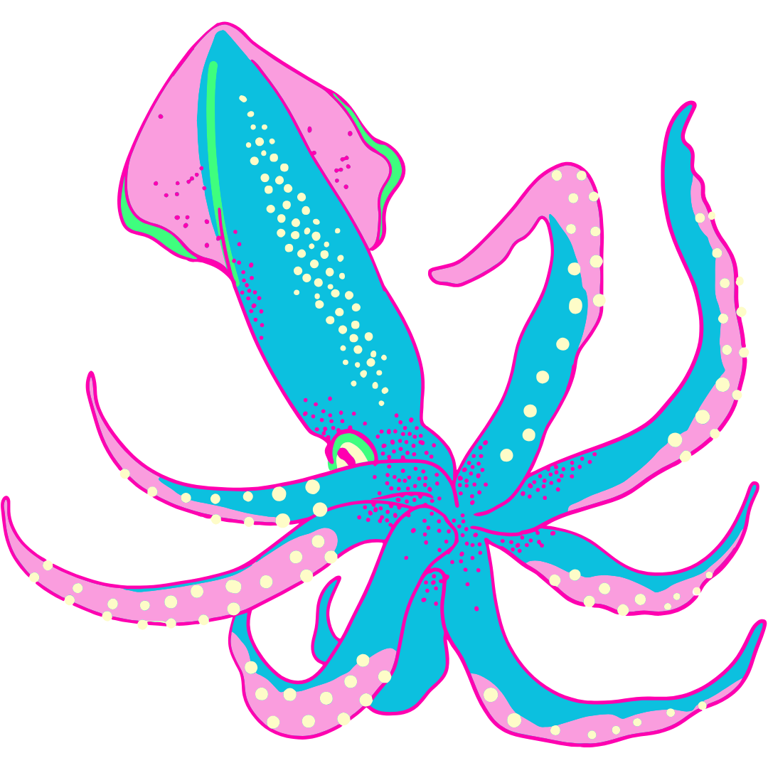 a squid in hot pink, light pink, turquoise, and with green head-fin-thingies